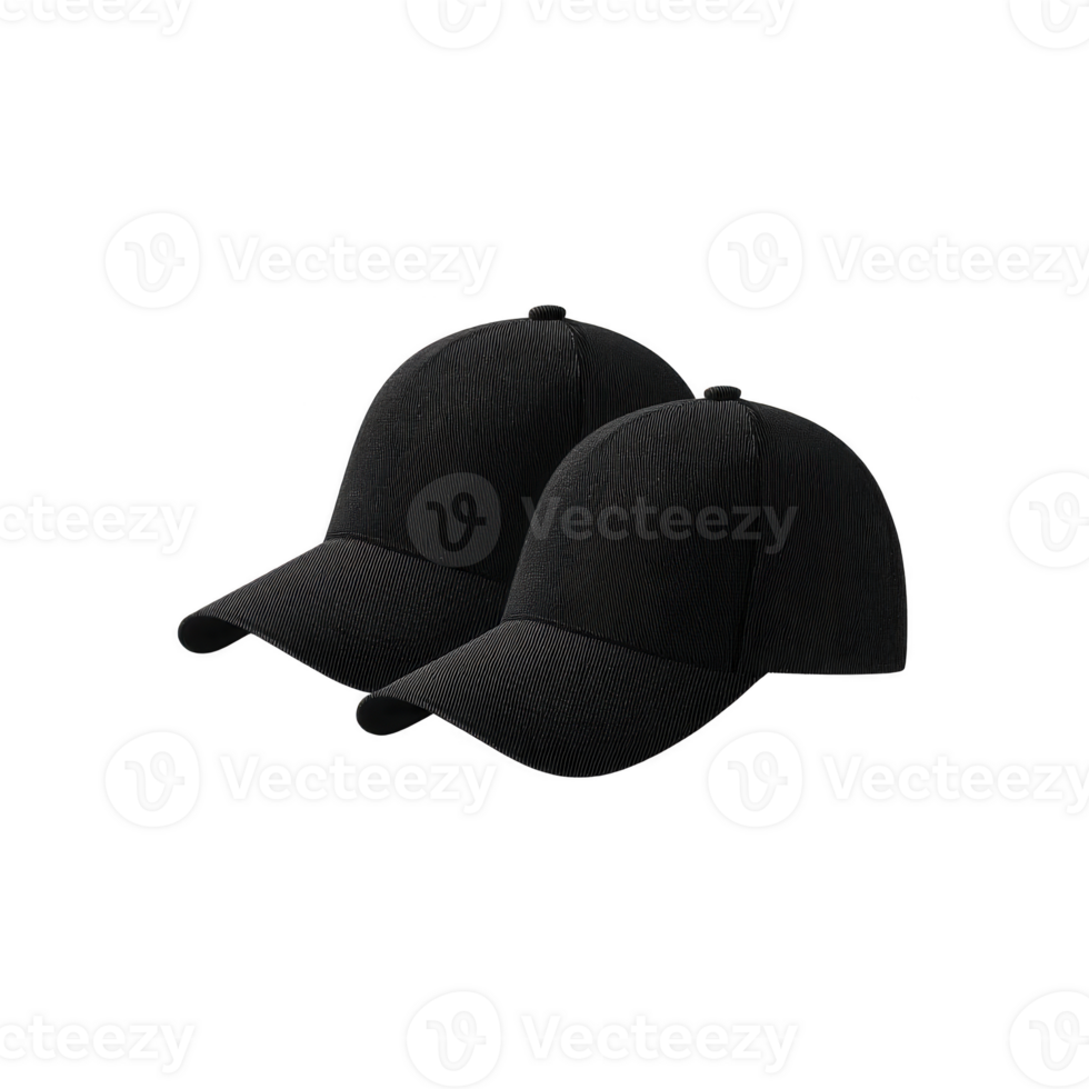 Two black baseball caps are placed side by side, showcasing simple and classic design. caps have curved brim and adjustable strap at back, suitable for casual wear png
