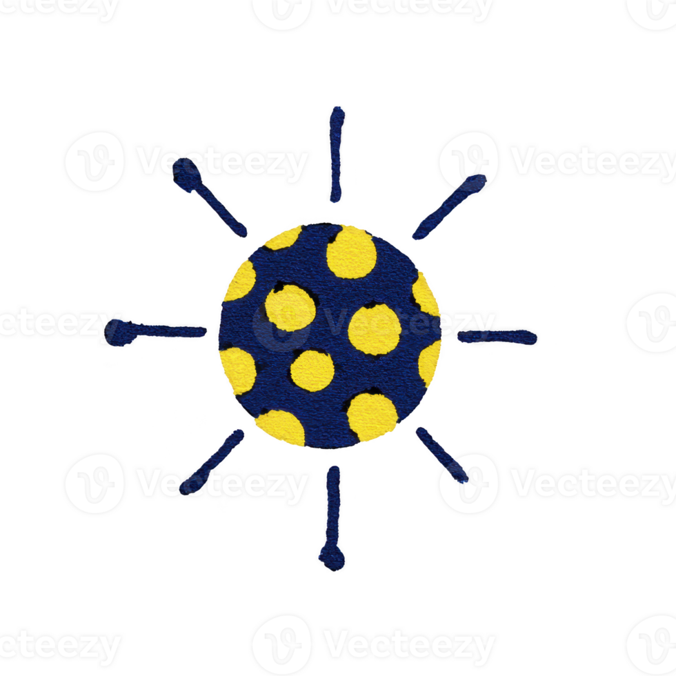 Playful illustration of sun with blue circle and yellow polka dots, featuring simple rays extending outward. design is whimsical and colorful, evoking sense of fun and creativity png