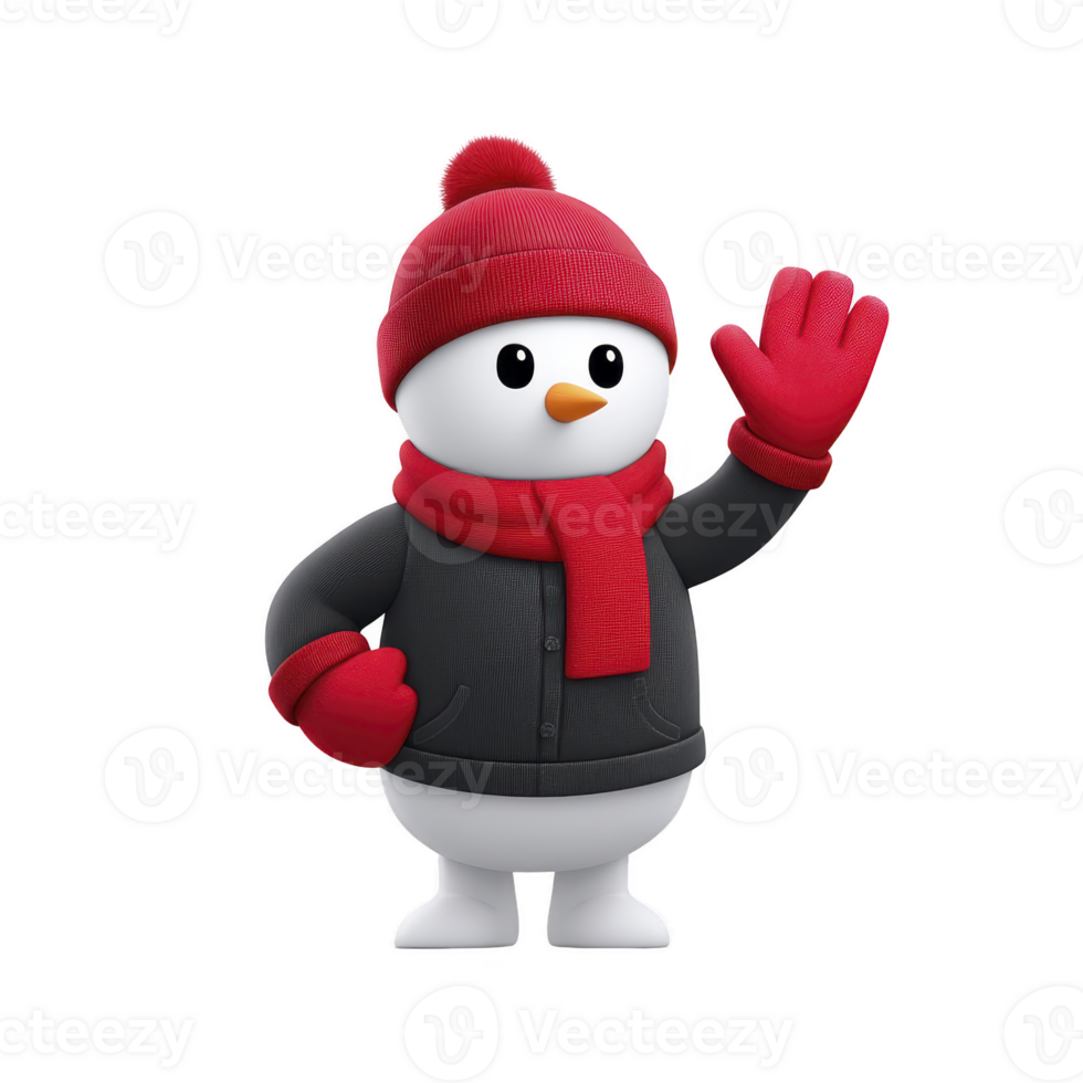 Cute snowman wearing red hat, scarf, and gloves waves cheerfully. snowman is dressed in black jacket, creating cozy winter look png