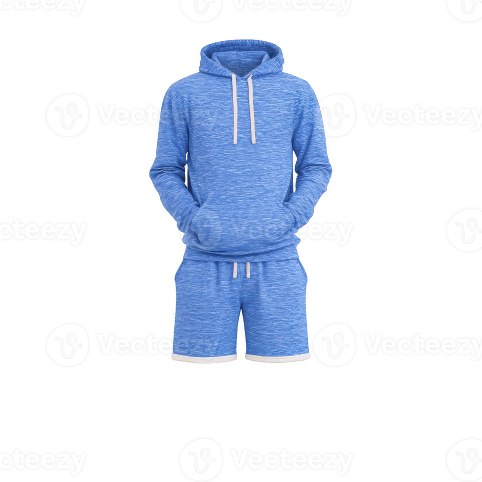 Blue hoodie and shorts set with white drawstrings, perfect for casual wear. comfortable fabric and relaxed fit make it ideal for lounging or light activities png