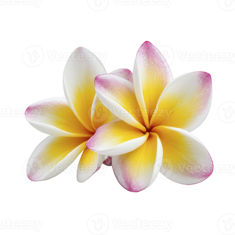 Two vibrant plumeria flowers with white petals and yellow centers, accented by pink tips, are displayed against transparency background, highlighting their tropical beauty png