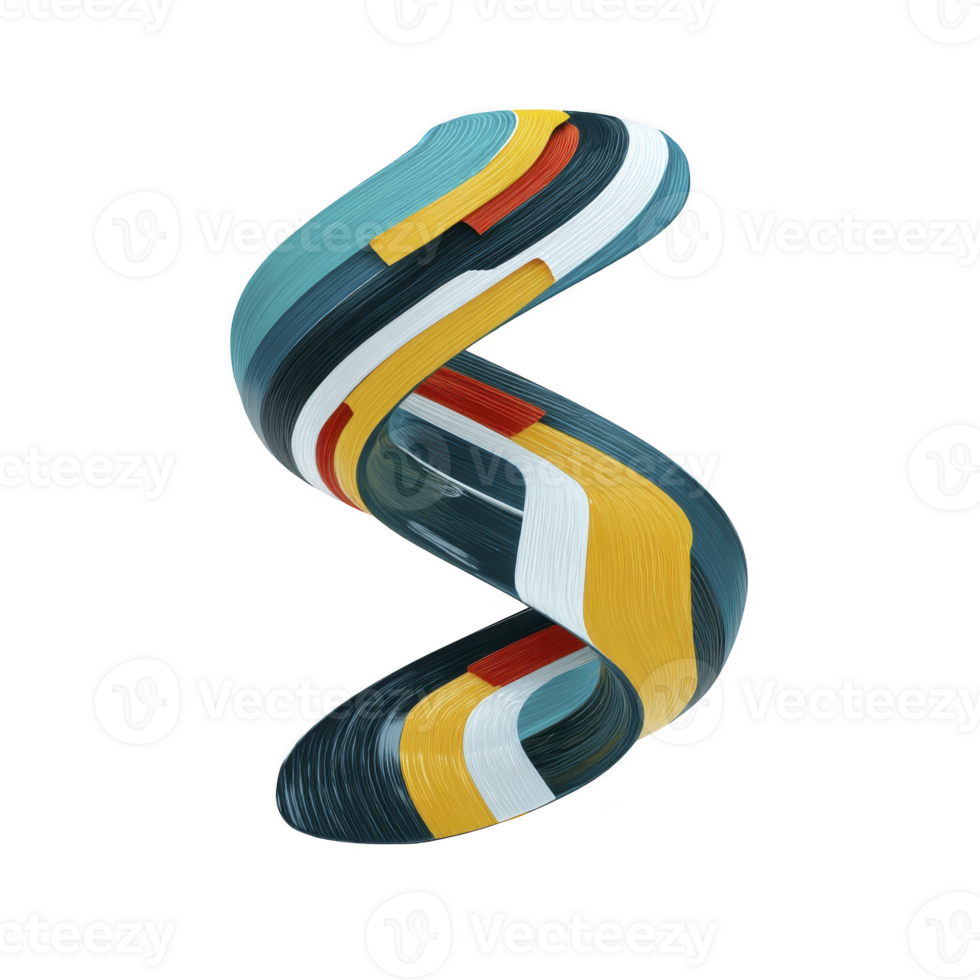 Vibrant, abstract 3D ribbon sculpture with swirling colors of blue, yellow, red, and white, creating dynamic and modern artistic expression png