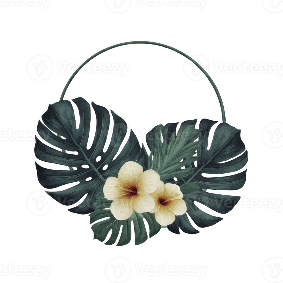 Tropical wreath with lush green monstera leaves and delicate yellow hibiscus flowers, creating vibrant and exotic design. Perfect for summer themed decorations or invitations png