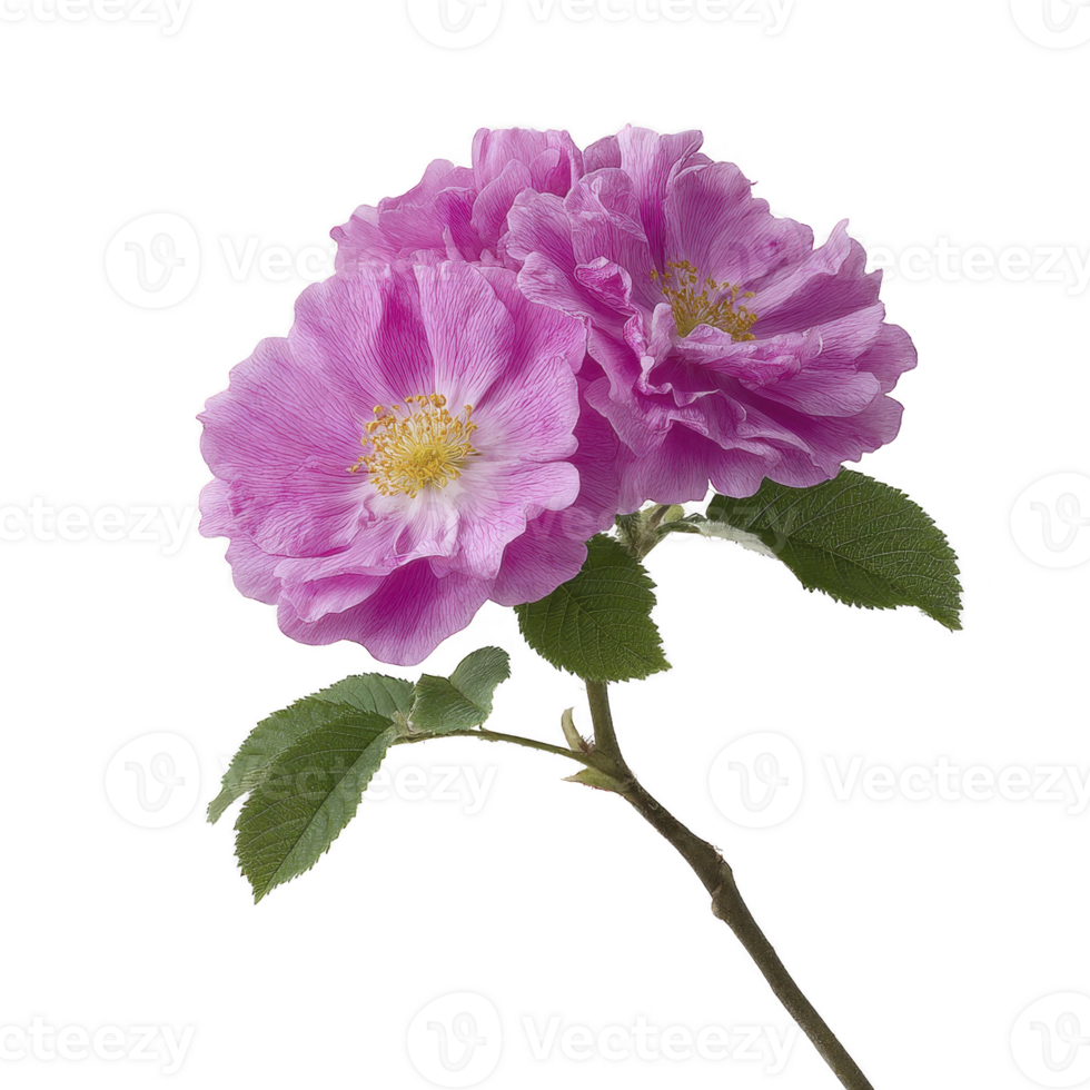Two vibrant pink flowers with delicate petals and yellow centers are attached to green stem with leaves, creating striking and elegant floral display png
