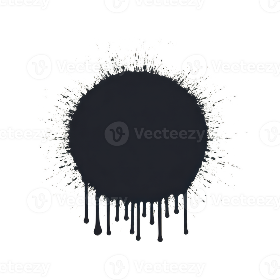 Black paint splatter with dripping edges creates dynamic and artistic effect against transparent background, ideal for creative design projects png