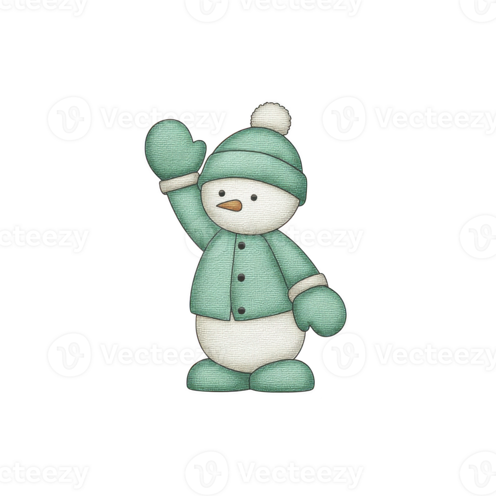 Cute snowman illustration wearing teal hat, coat, and mittens, waving cheerfully. snowman has simple, cartoonish design with friendly expression, perfect for winter themed decorations png