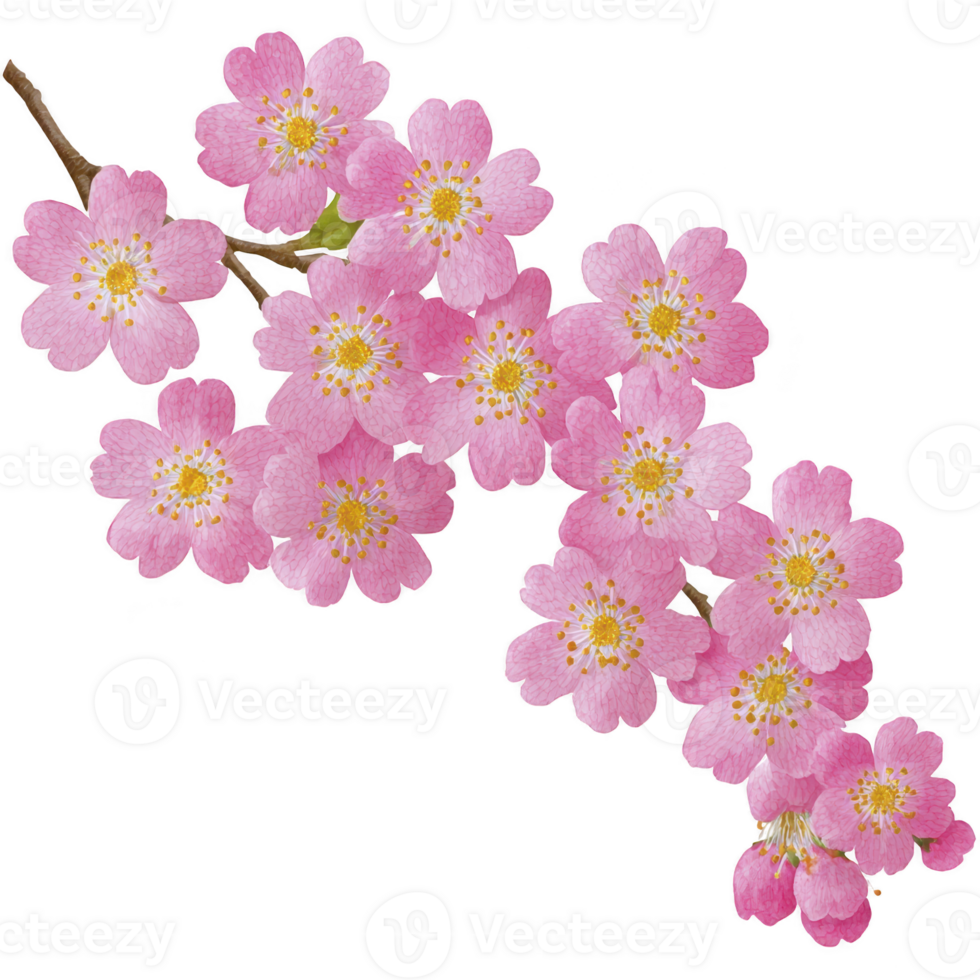 Branch of delicate pink cherry blossoms with yellow centers, showcasing beauty of springtime. flowers are arranged in cascading pattern, evoking sense of tranquility png
