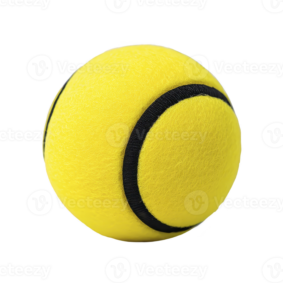 Bright yellow tennis ball with textured surface and black curved line, isolated on transparency background. ball appears new and unused, showcasing its vibrant color and classic design png
