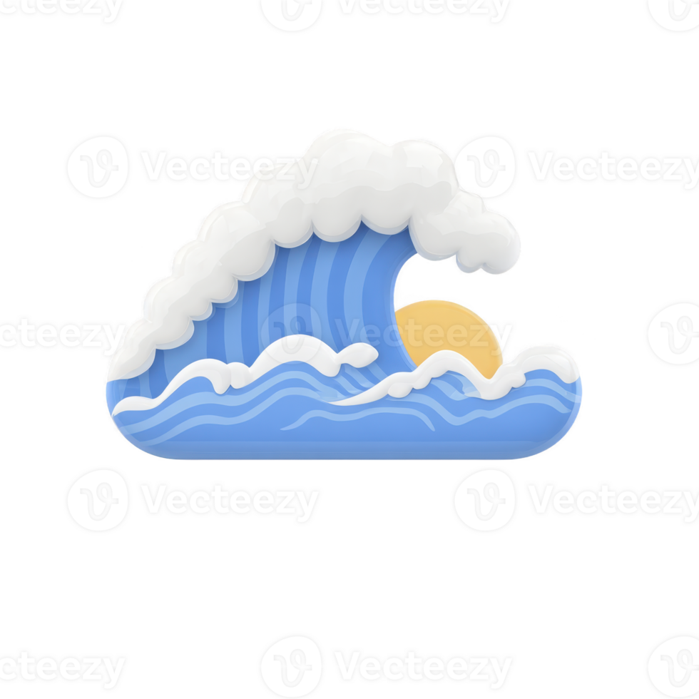 Stylized illustration of blue ocean wave with white crest, capturing yellow sun setting in background. design is simple and vibrant, evoking sense of calm and nature png