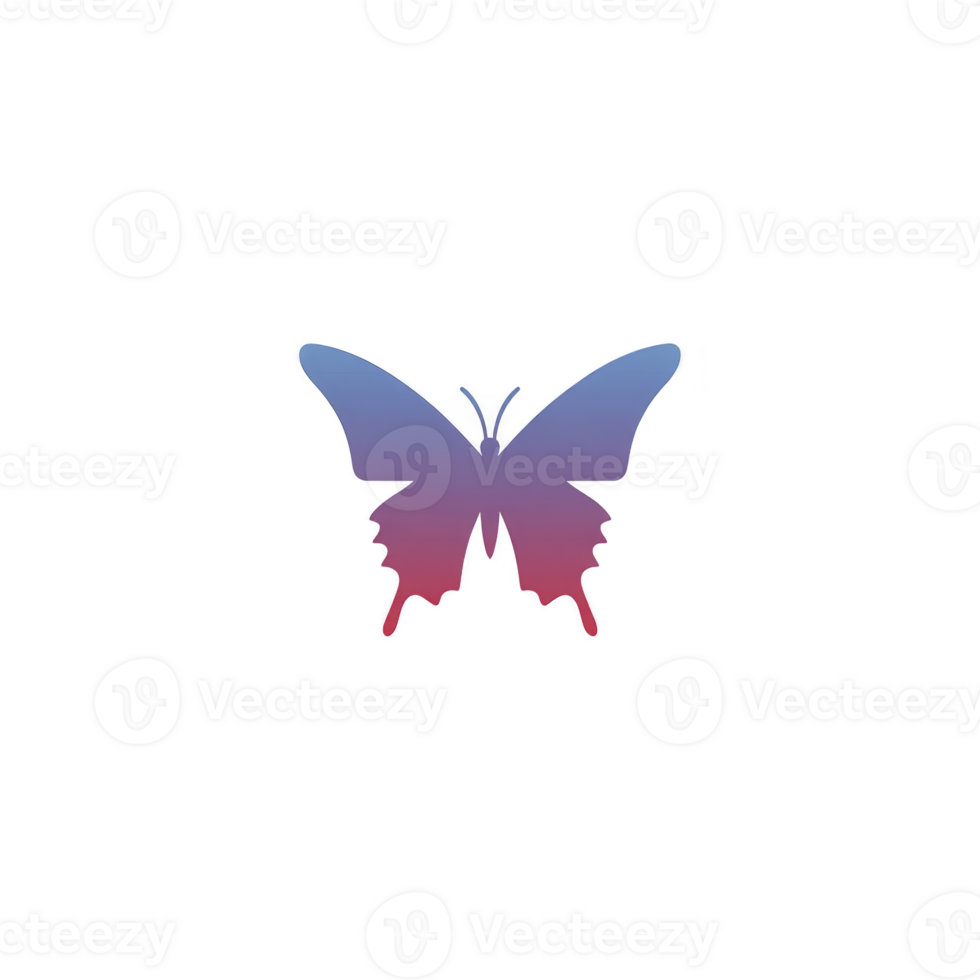 Vibrant butterfly with gradient of blue to pink wings is centered plain background, creating striking and colorful visual. design is simple yet elegant, capturing attention with its smooth color png