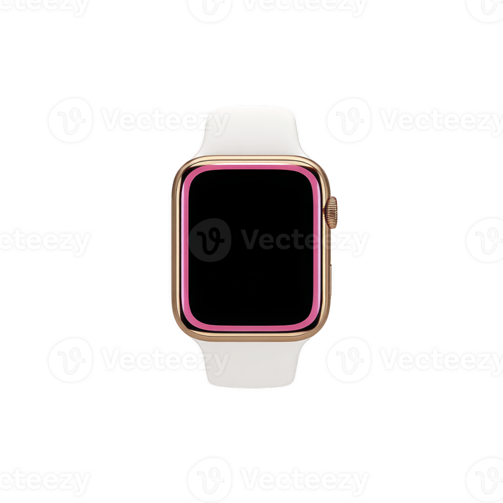 Sleek smartwatch with gold case and white band, featuring black screen with pink border, is displayed against transparency background. design is modern and stylish png