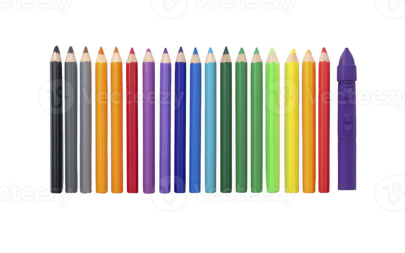 Row of colorful pencils and purple crayon are neatly arranged on transparency background, showcasing vibrant spectrum of colors. image highlights creativity and artistic expression png