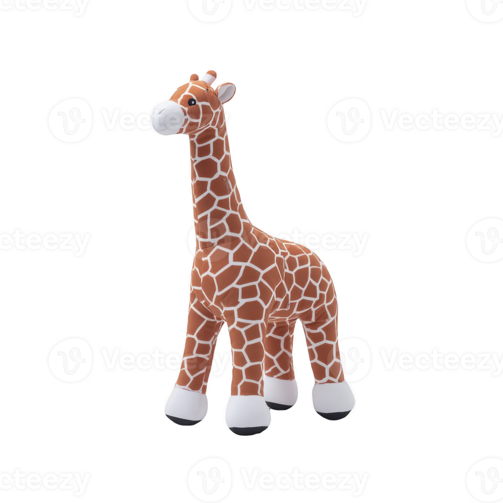Cute inflatable giraffe toy with realistic pattern stands upright, showcasing its long neck and friendly expression. Perfect for children playtime or as decorative piece png