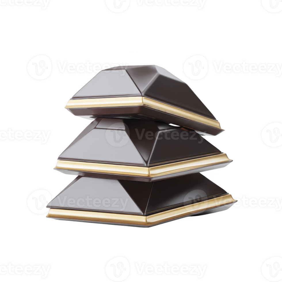 Three stacked pieces of dark chocolate with glossy finish and gold accents create luxurious and indulgent appearance. geometric shapes add modern touch to presentation png
