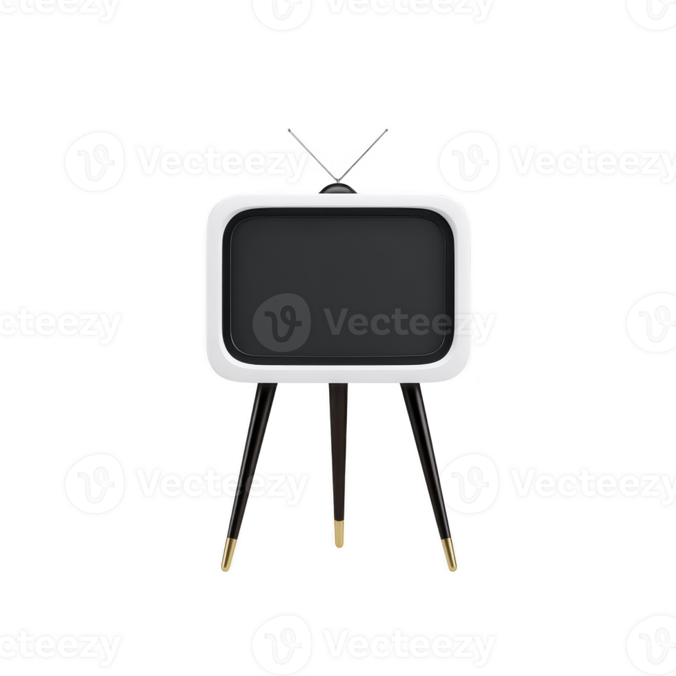 Retro style television with white frame and black screen stands on three legs, featuring antenna on top. design evokes sense of nostalgia and vintage charm png