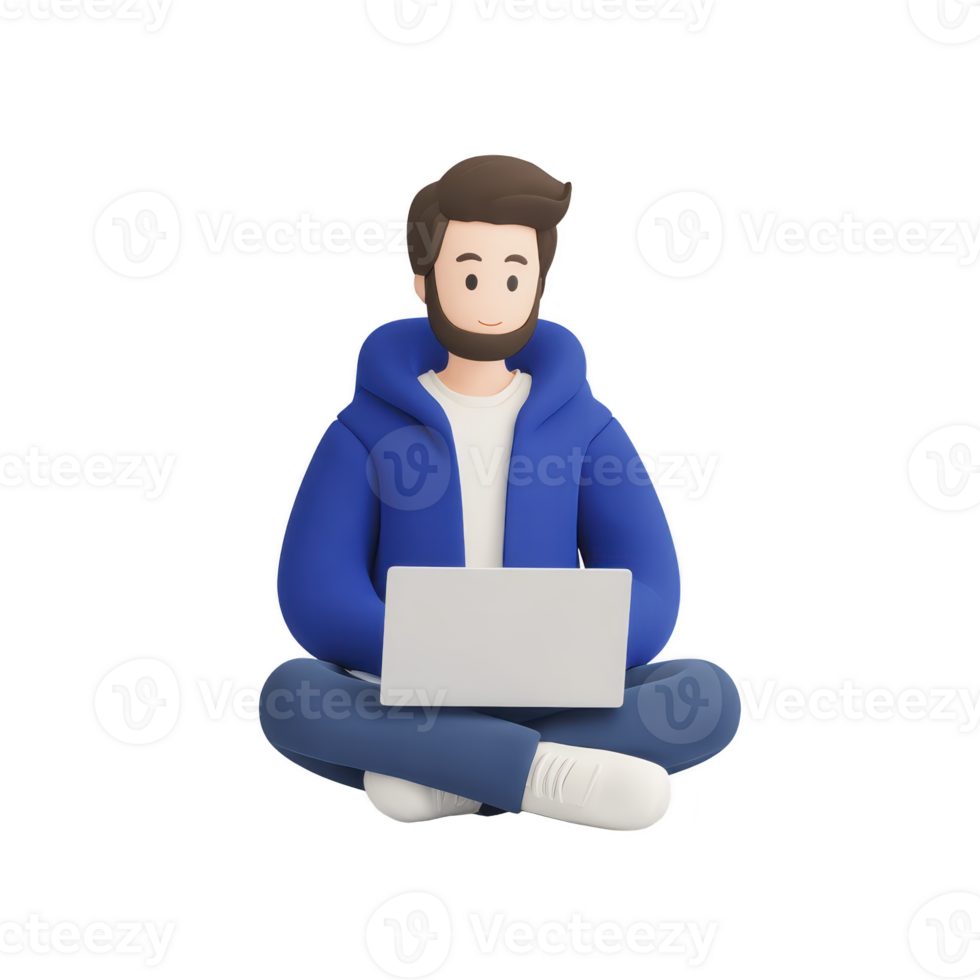 3D illustration of person sitting cross legged, wearing blue hoodie and jeans, using laptop. character has beard and appears focused and relaxed png