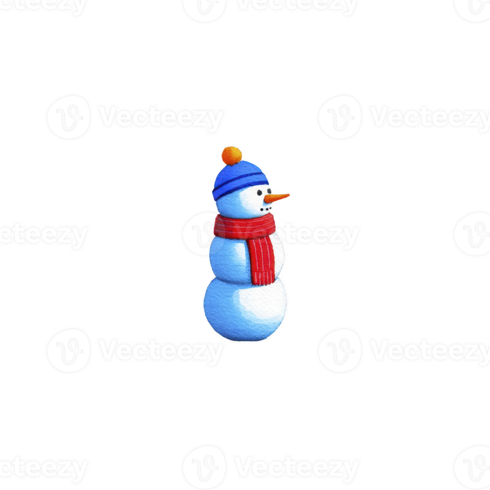 Cheerful snowman stands with red scarf and blue hat, featuring carrot nose and coal eyes, evoking festive winter atmosphere png