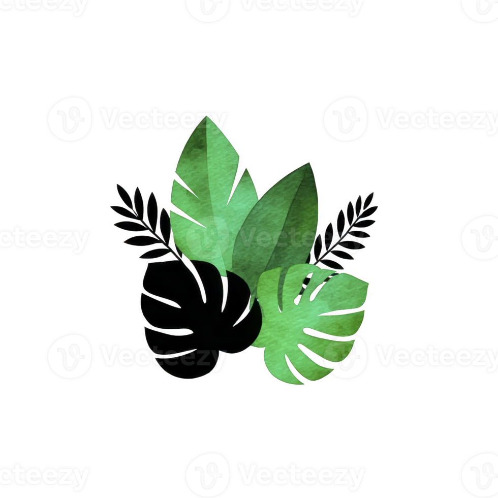 Watercolor illustration of various green tropical leaves, including monstera and palm, arranged in decorative cluster. vibrant shades of green and artistic style evoke fresh and natural feel png