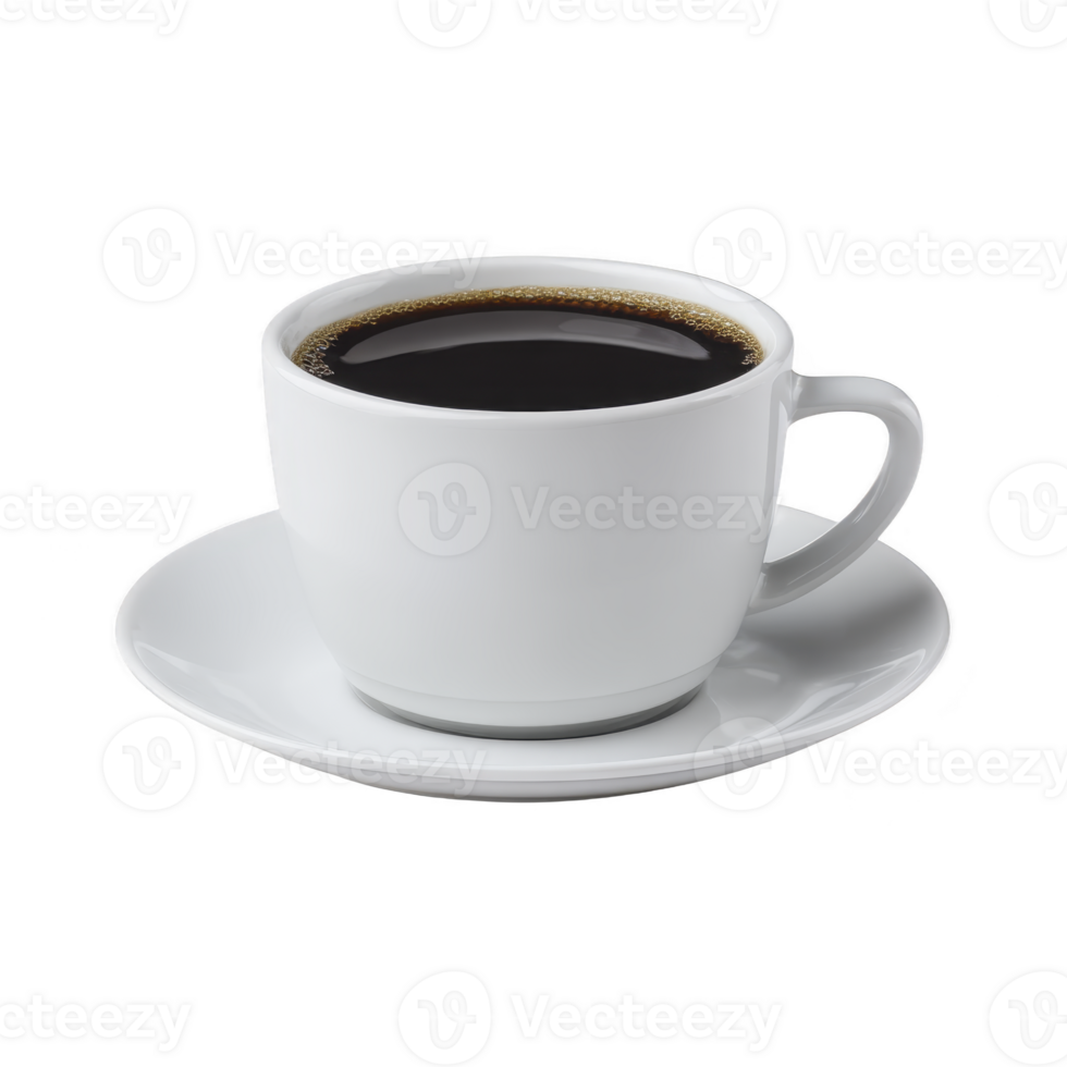 White ceramic cup filled with black coffee sits on matching saucer, isolated on transparency background. simple and elegant design highlights rich, dark beverage png