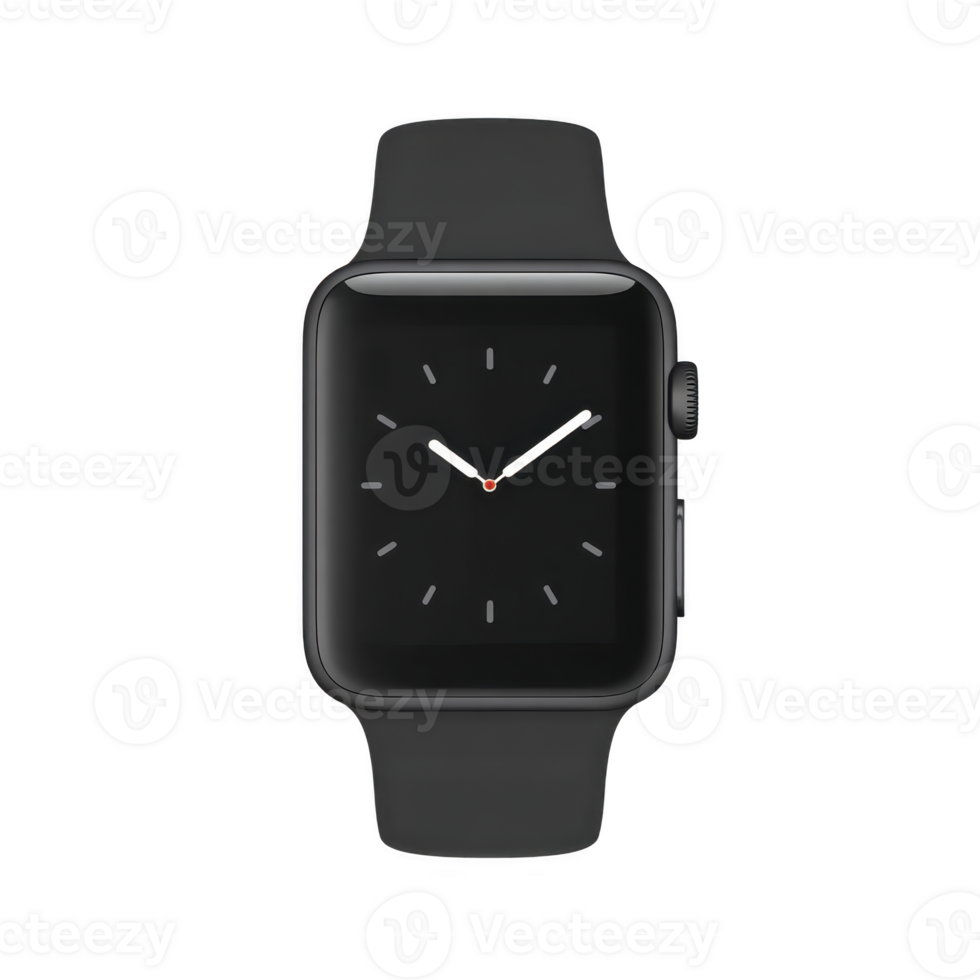 Sleek black smartwatch with minimalist design and digital clock face, featuring smooth silicone strap and rectangular display. watch is set against plain transparency background png