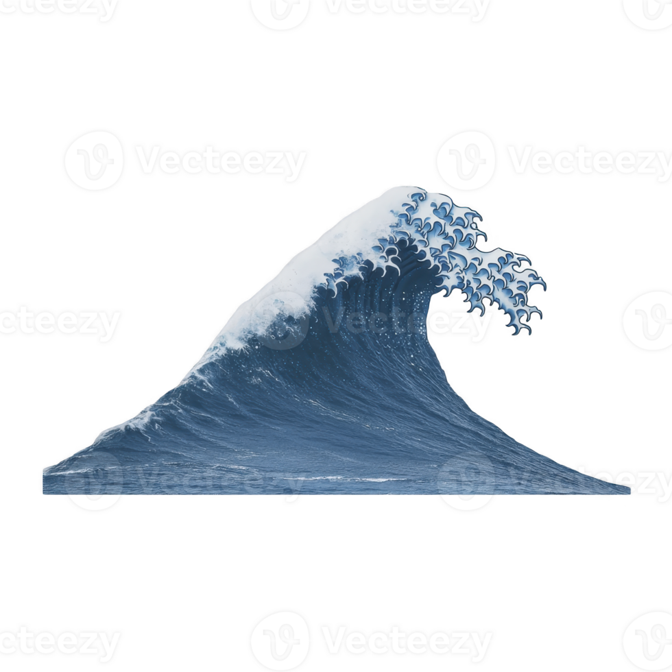 Powerful ocean wave with curling crest, reminiscent of traditional Japanese art, surges forward against clear background, evoking sense of dynamic energy and natural beauty png