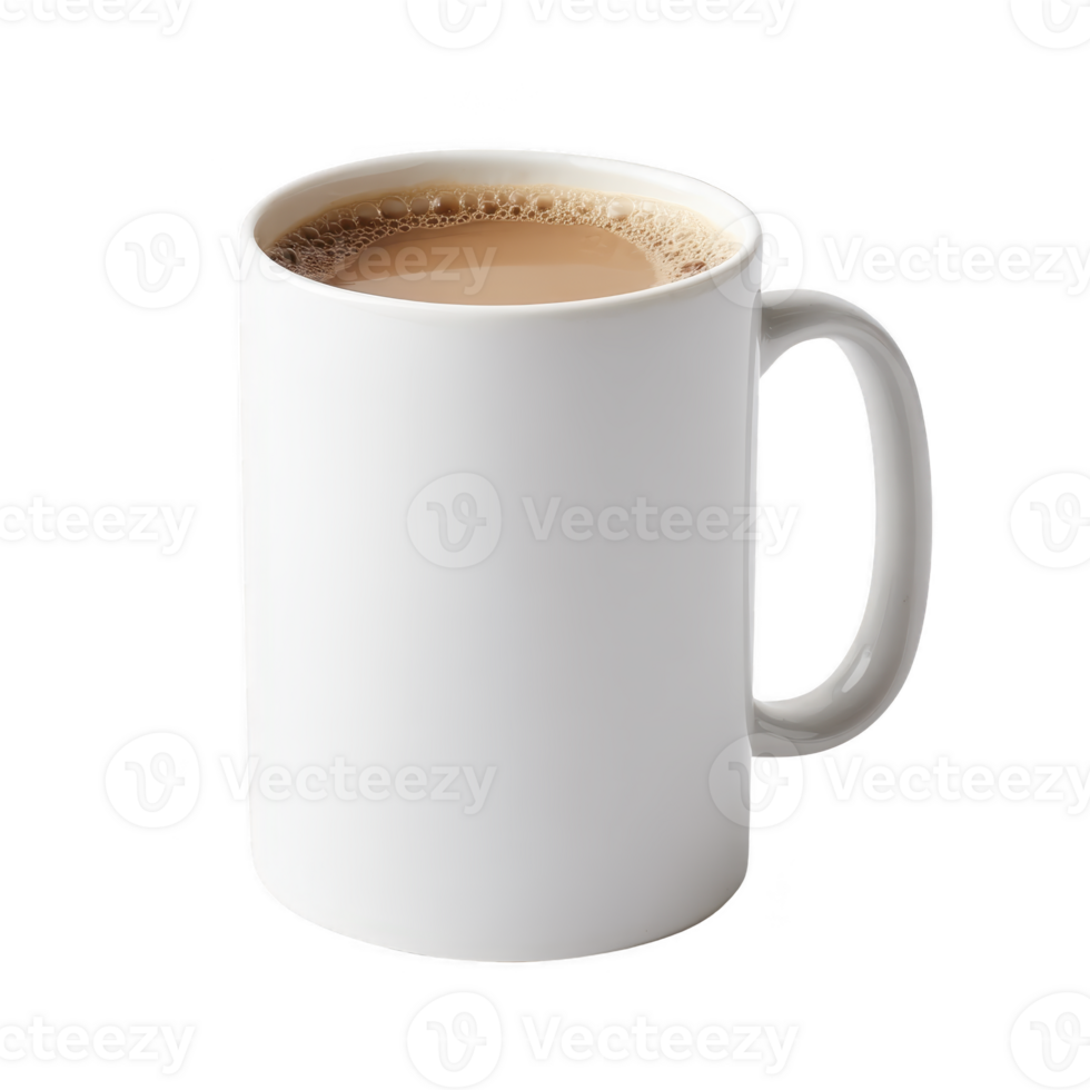 White ceramic mug filled with frothy coffee sits against plain background, showcasing simple and minimalist design. mug smooth surface and classic shape make it ideal for hot beverages png