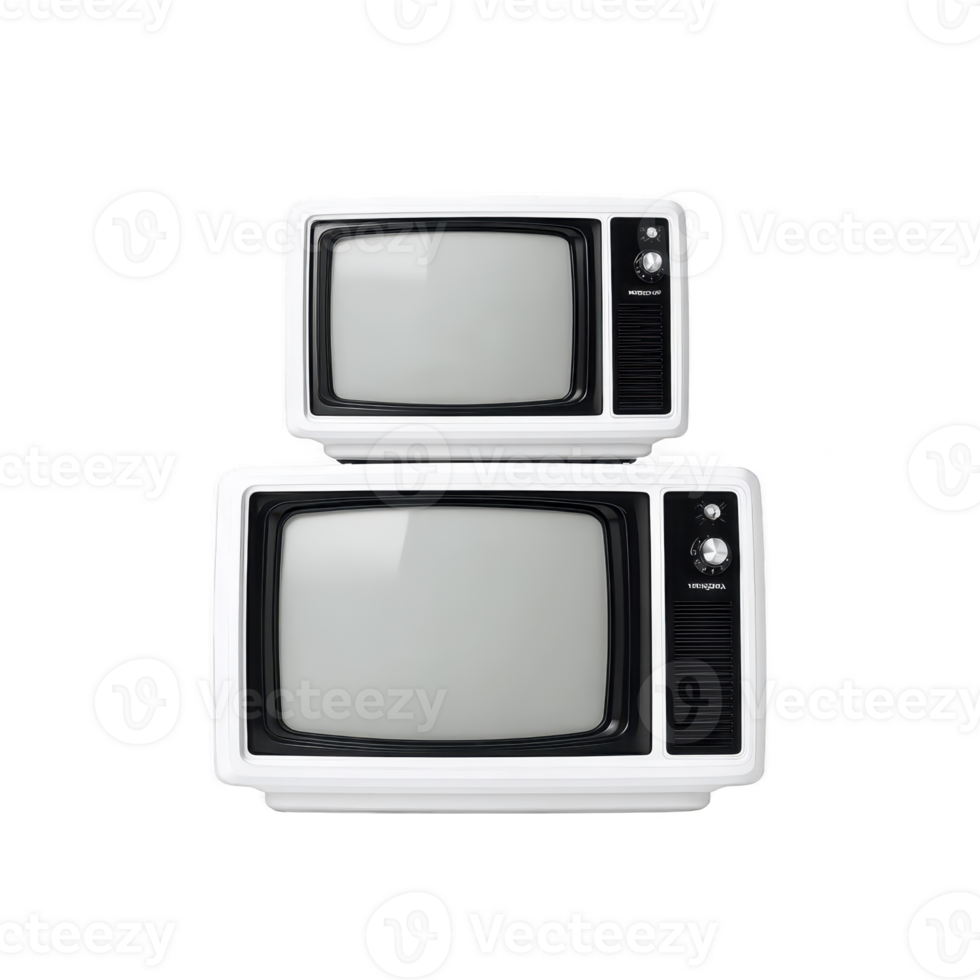 Two vintage televisions with retro design, featuring black and white screens and dials, are stacked. nostalgic style evokes sense of classic technology and history png