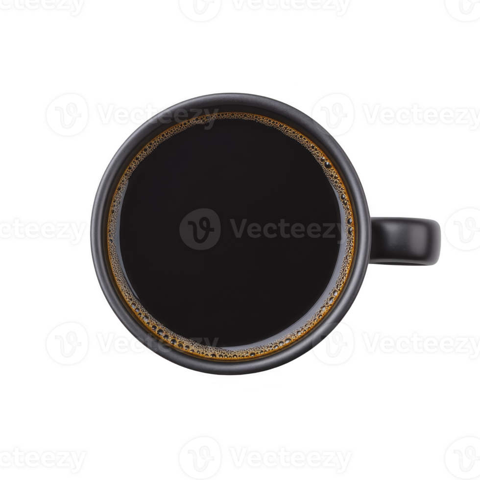 Top view of black coffee cup filled with dark coffee, showcasing rich texture and inviting aroma. simple design and monochrome color create minimalist aesthetic png