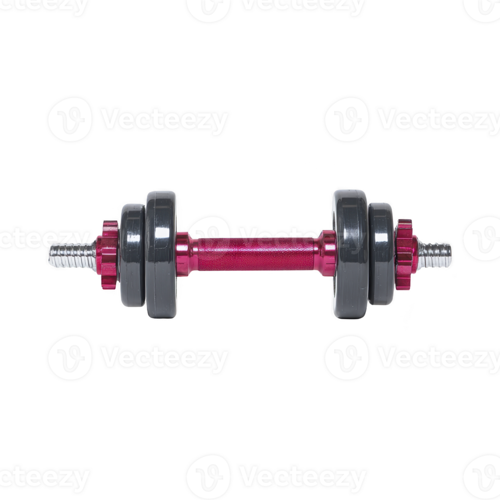 Red and black adjustable dumbbell with metallic handle is isolated on transparency background, showcasing its sleek design and fitness utility png