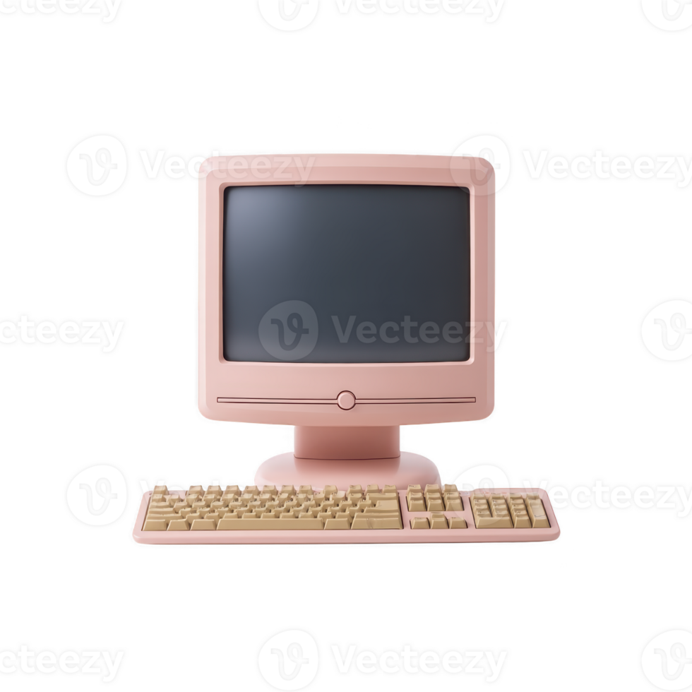 Retro pink computer with matching keyboard evokes nostalgia. vintage design features classic monitor and beige keys, blending old school charm with pastel aesthetic png