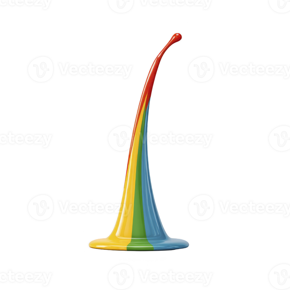 Vibrant splash of colorful paint arcs gracefully upward, blending red, yellow, green, and blue hues in dynamic and artistic display. smooth, glossy texture adds sense of fluidity and motion png