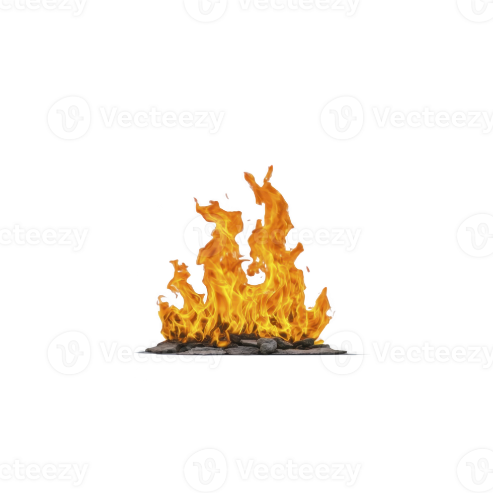 Vibrant, realistic illustration of blazing fire with bright orange and yellow flames rising from pile of gray ashes, set against transparent background png