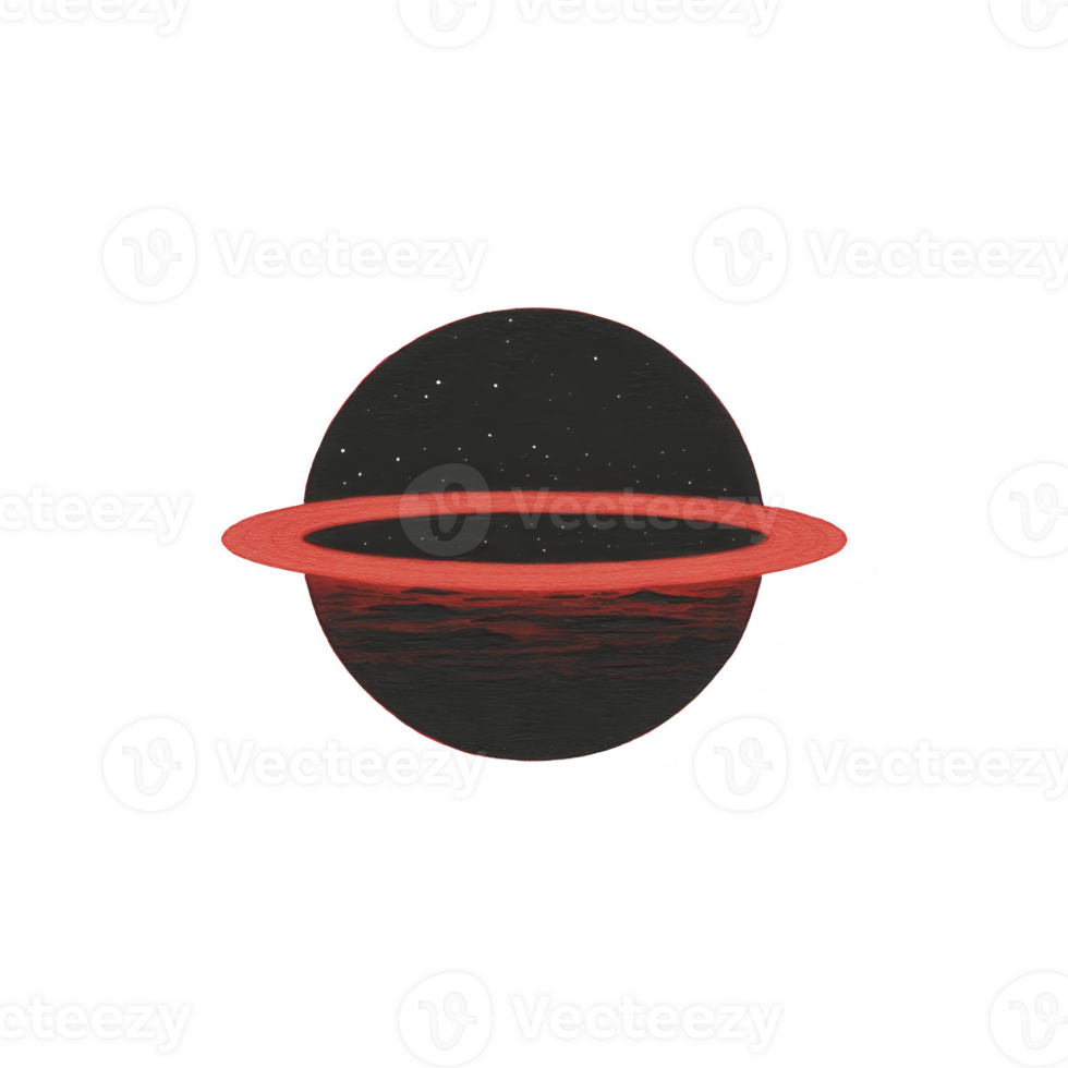 Dark planet with red ring and starry background creates mysterious cosmic scene. red ring contrasts with dark planet, evoking sense of wonder and exploration png