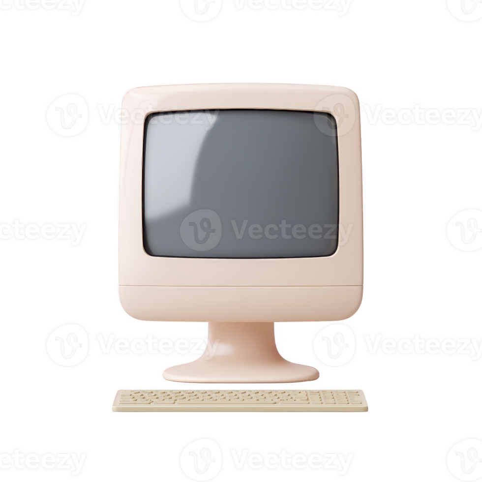 Retro style beige computer with matching keyboard evokes nostalgia. vintage design features boxy monitor and classic aesthetic, reminiscent of early personal computers png