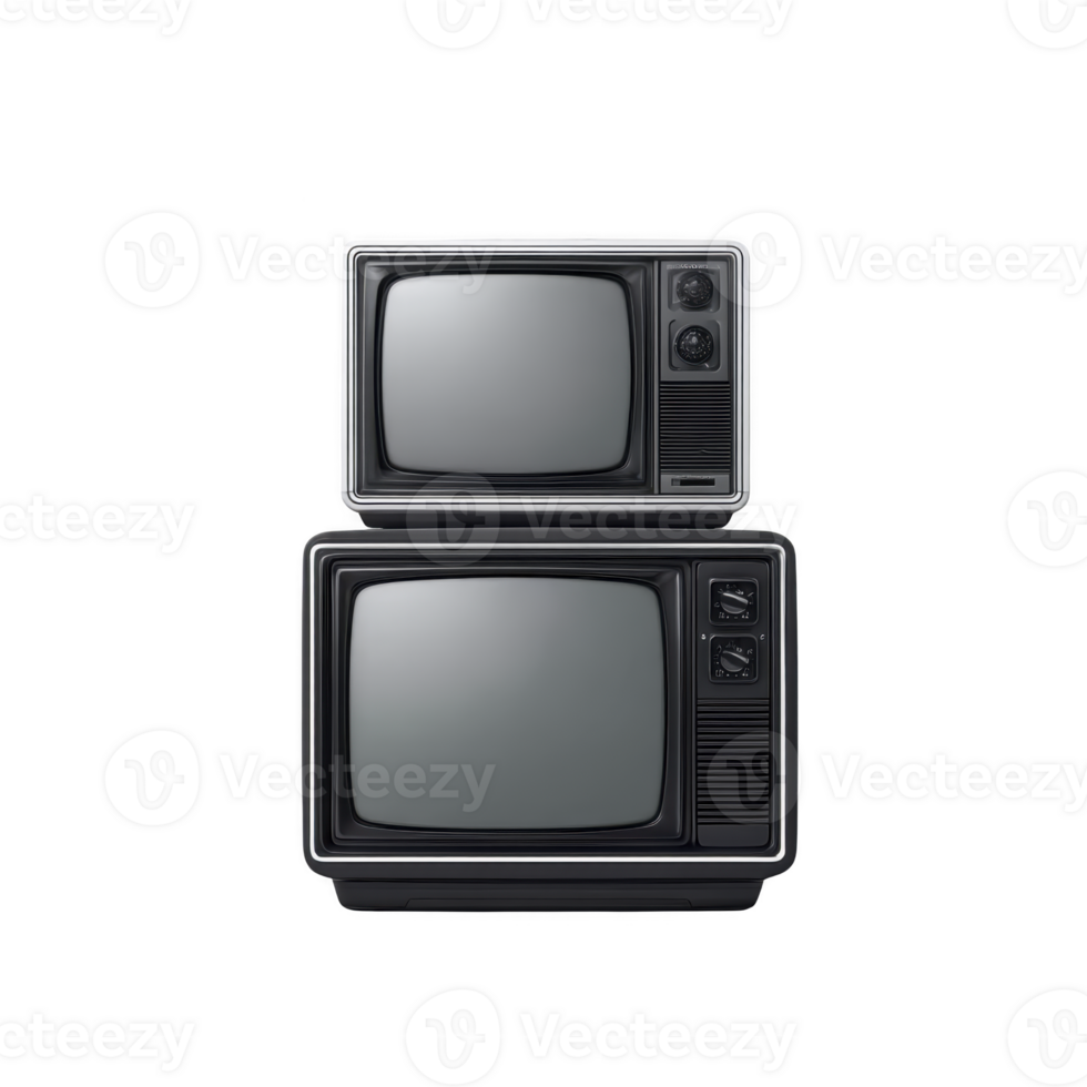 Two vintage televisions stacked, showcasing retro design and nostalgic appeal. classic black and white screens and dials evoke sense of history and timelessness png