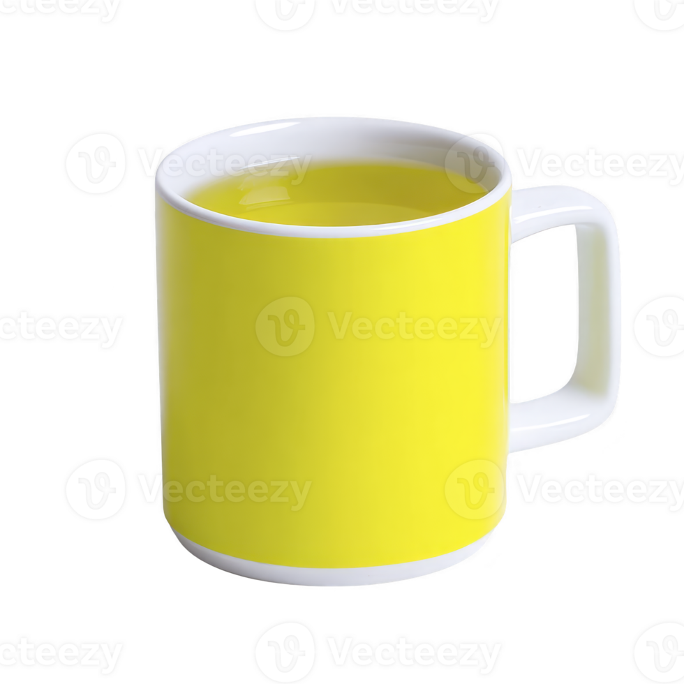 Vibrant yellow mug with white interior and handle, filled with hot beverage, stands out against plain background, evoking cheerful and inviting atmosphere png