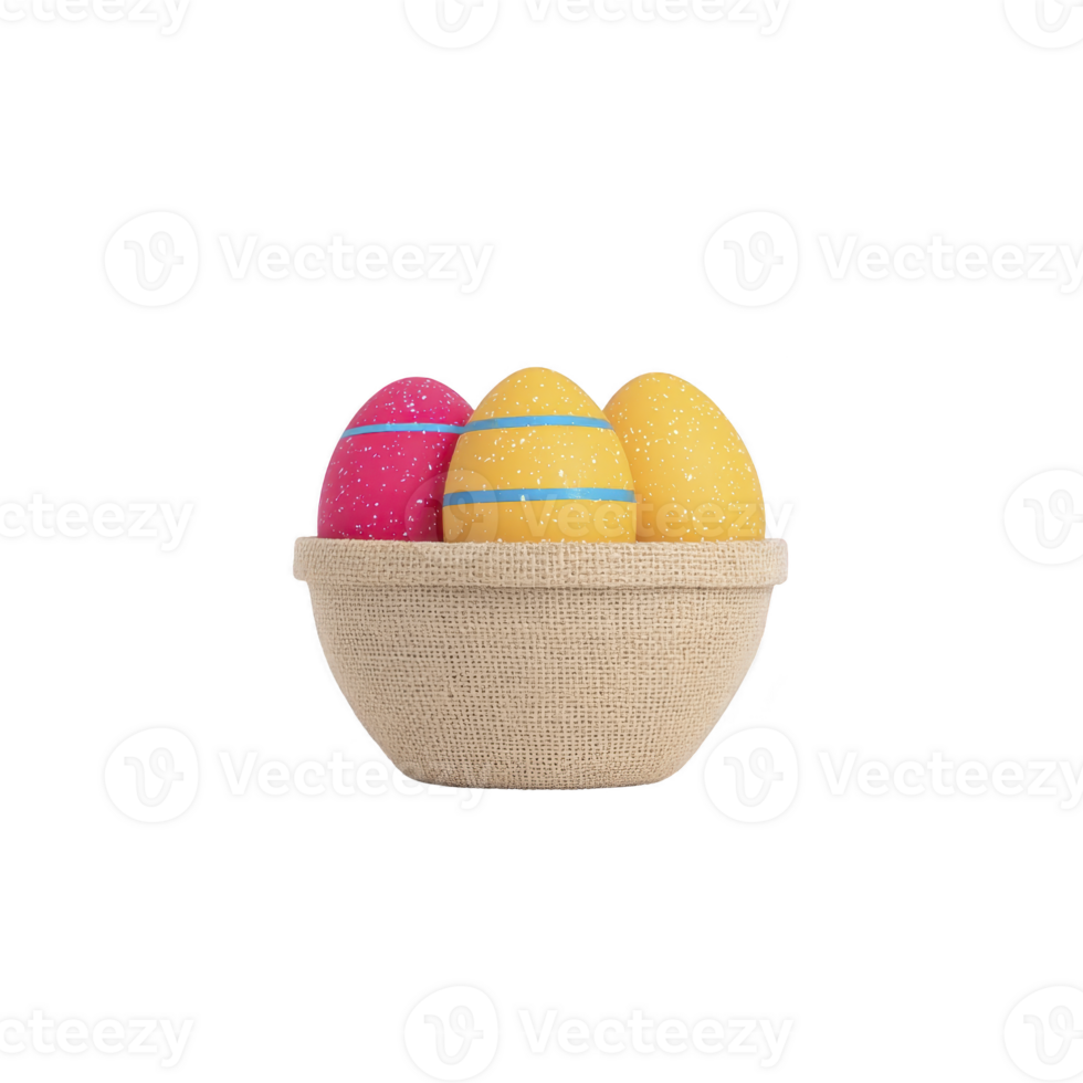 Small woven basket holds three colorful Easter eggs, two yellow with blue stripes and one pink with white speckles, symbolizing festive celebration png