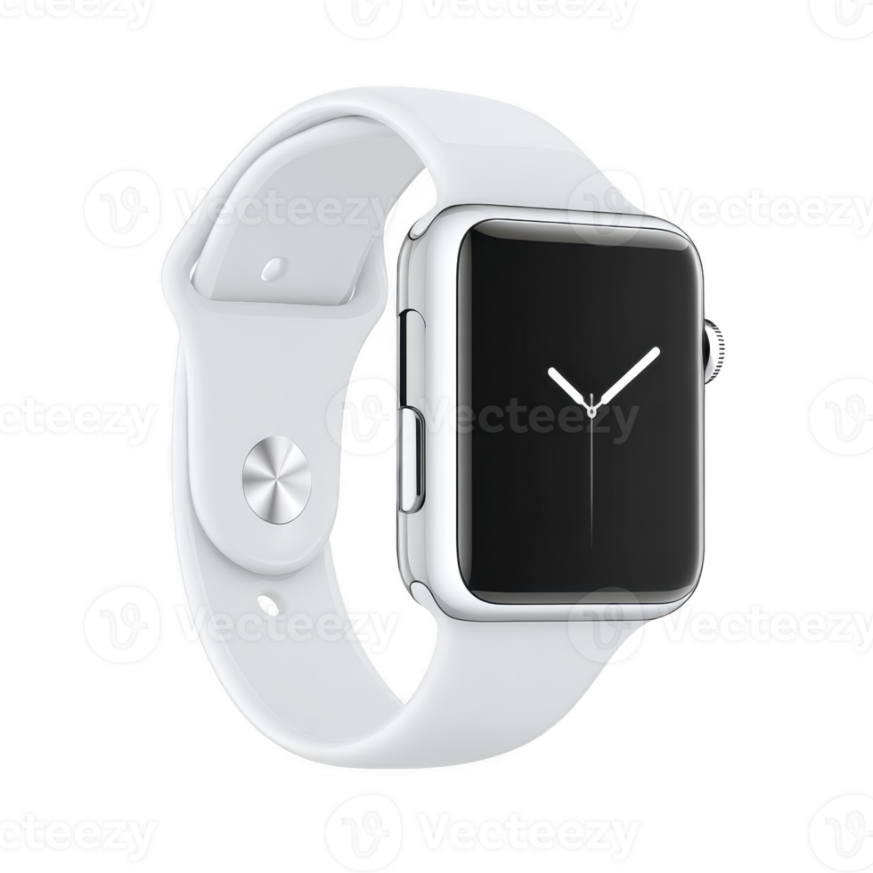 Sleek smartwatch with white band and minimalist design, featuring digital clock display. watch has silver case and simple, modern aesthetic, perfect for tech enthusiasts png