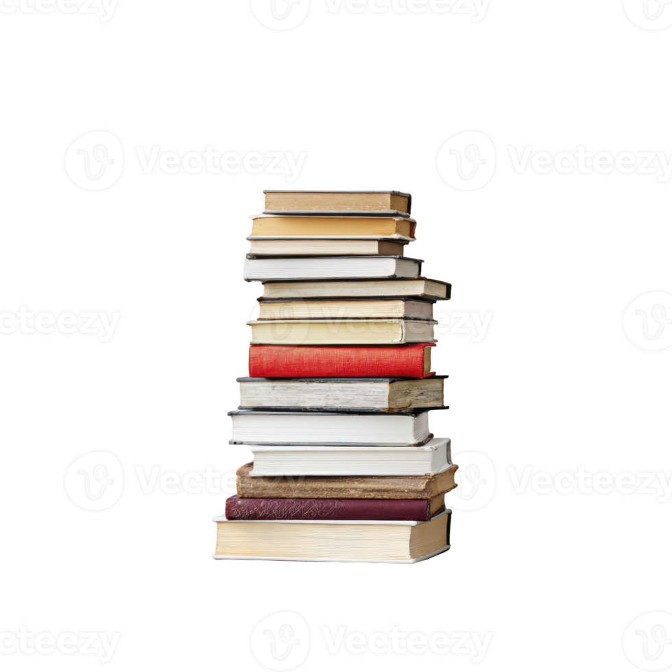 Tall stack of various books with colorful covers and different sizes is arranged vertically, symbolizing knowledge and education. books are isolated on transparency background png