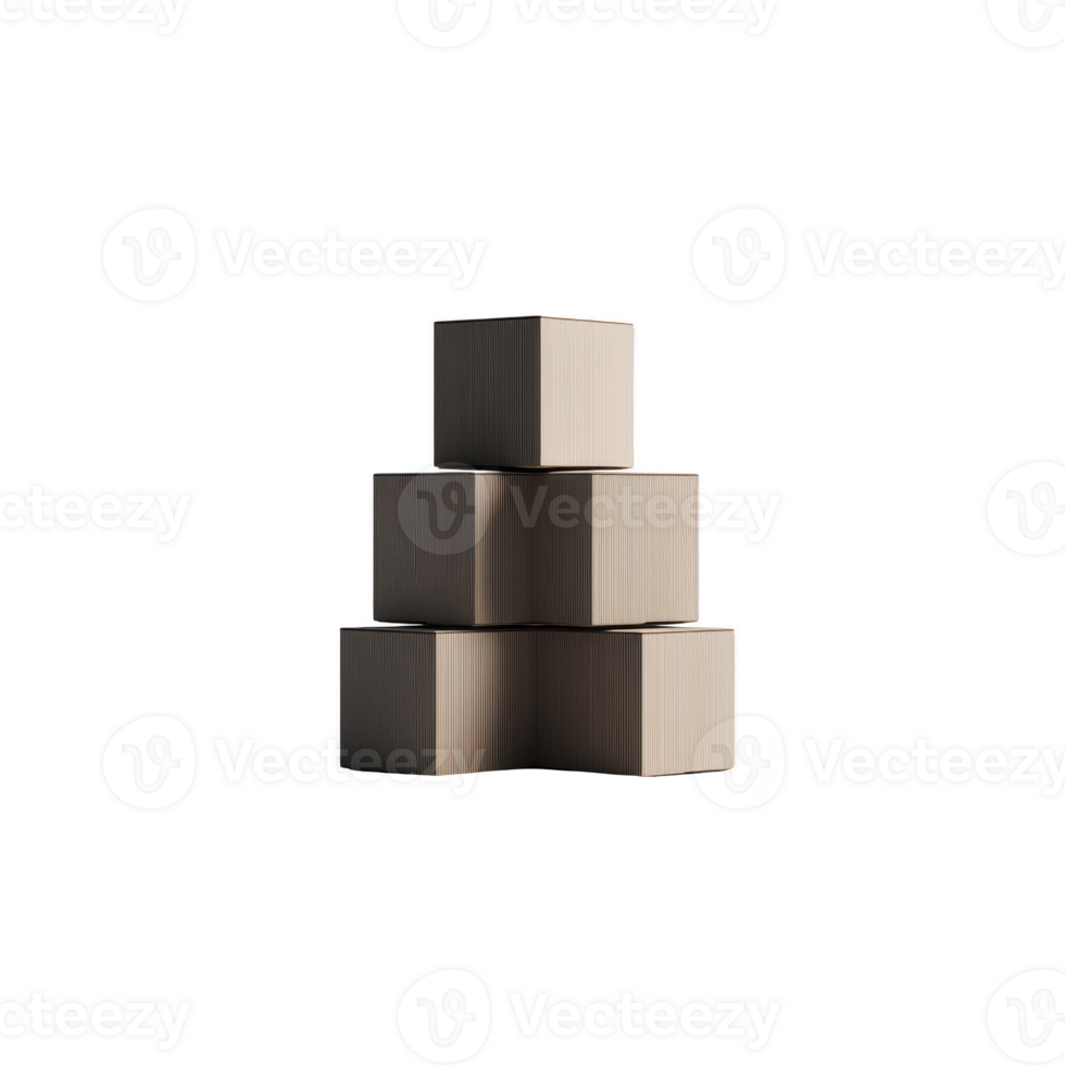 Four stacked cardboard boxes are arranged in pyramid shape, casting soft shadows on plain background. boxes are uniform in size and color, creating minimalist and organized appearance png