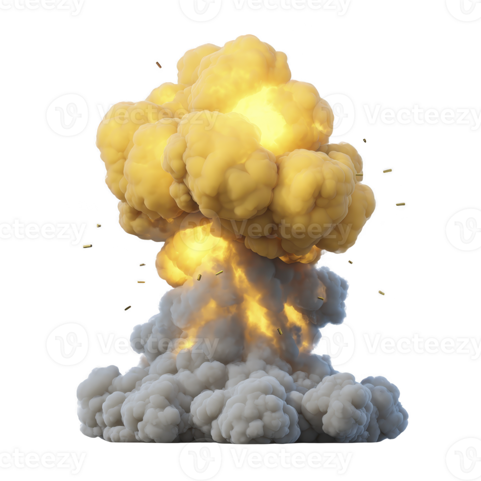 Dramatic explosion with billowing yellow and gray smoke clouds, capturing intense energy and dynamic movement of blast. fiery core adds sense of danger and excitement png
