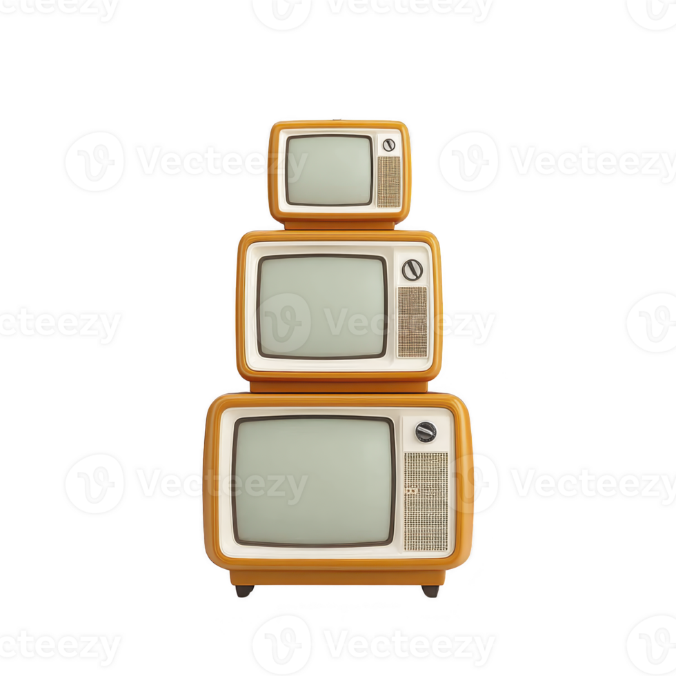 Three vintage televisions are stacked on top of each other, showcasing retro design and nostalgic charm. TVs have classic style with dials and antennas, evoking sense of history png