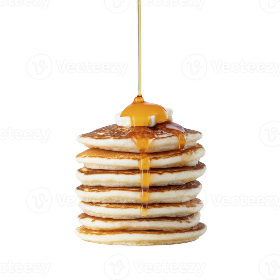 Stack of fluffy pancakes is topped with melting butter and drizzled with golden syrup, creating delicious and inviting breakfast scene png