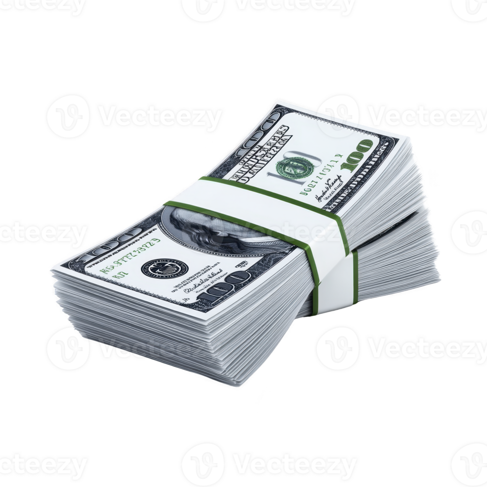 Stack of hundred dollar bills is neatly bundled with white band, symbolizing wealth and financial success. crisp, new bills are arranged in orderly fashion, reflecting prosperity png