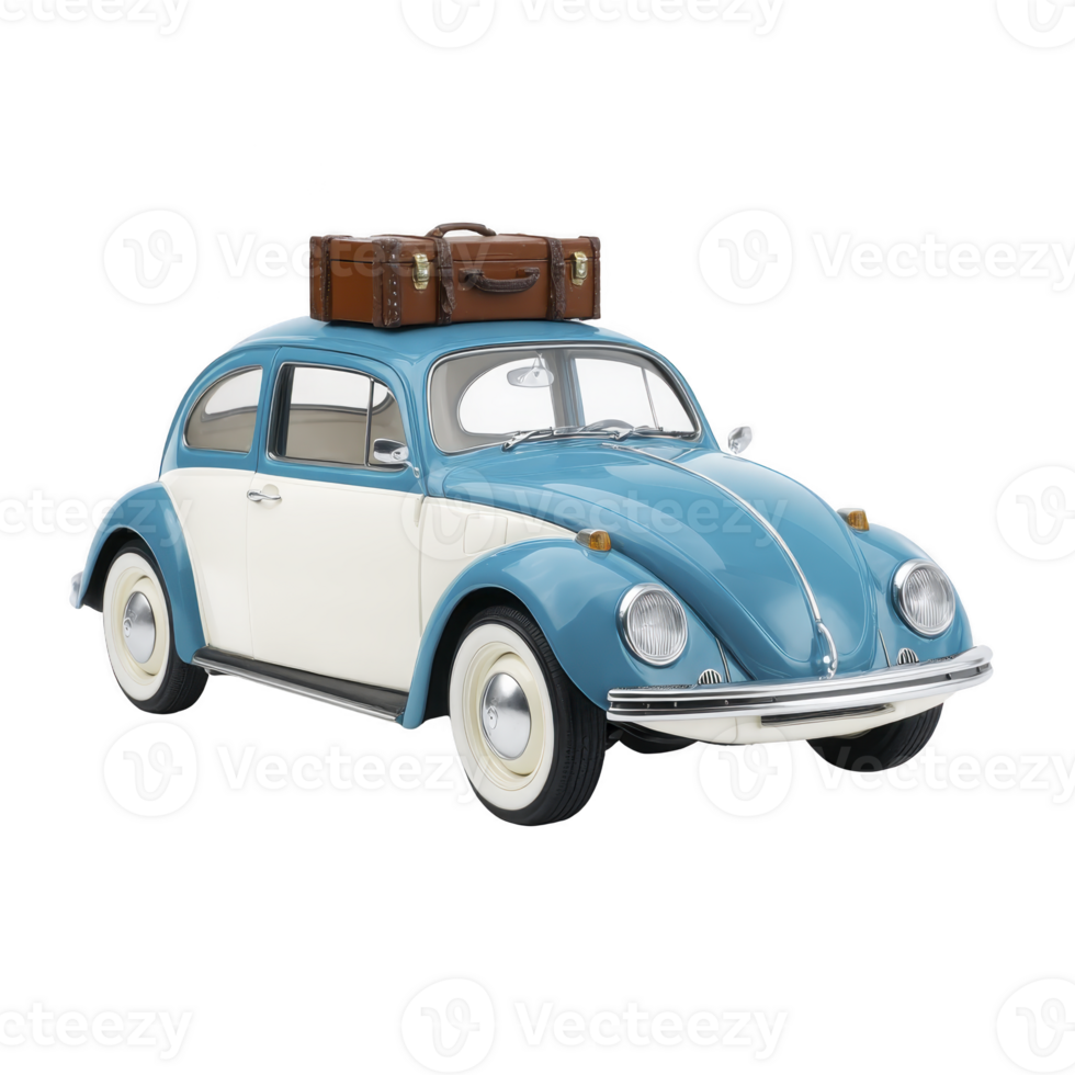 Vintage blue and white car with brown suitcase on roof, evoking sense of nostalgia and adventure. classic design and color scheme highlight its retro charm png