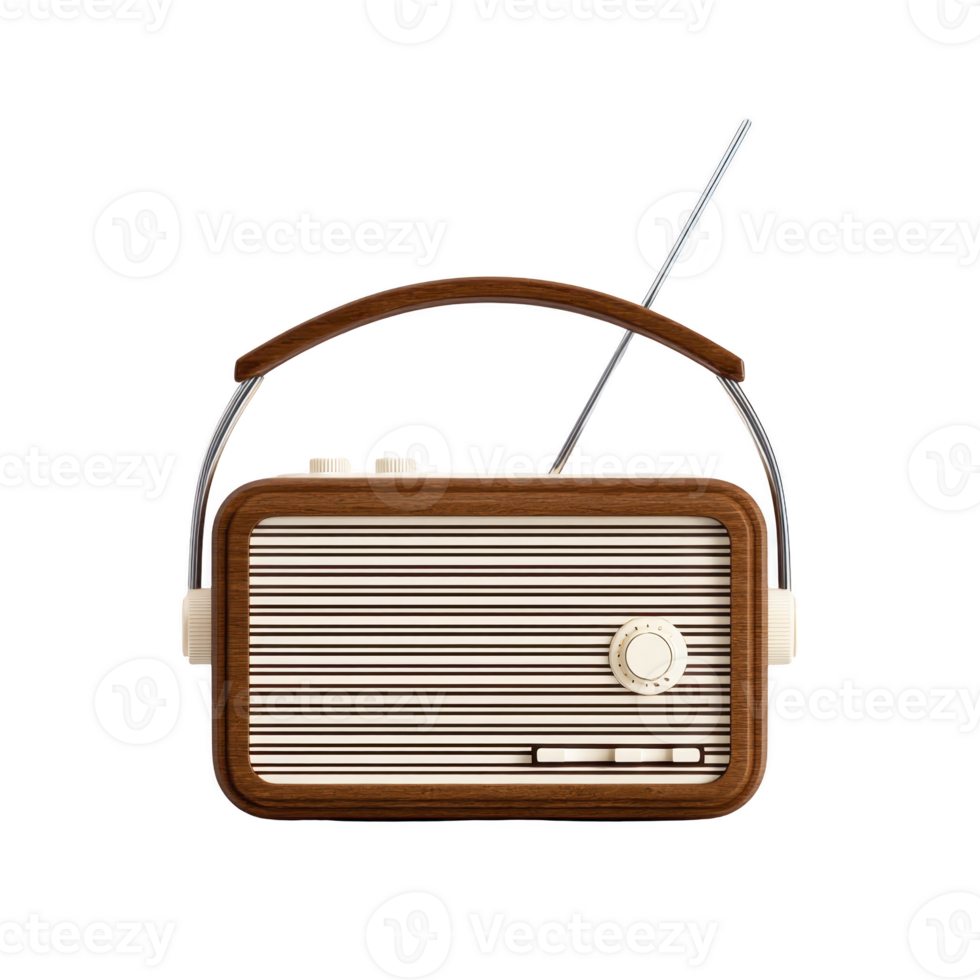 Vintage style radio with wooden frame and metal antenna evokes nostalgia. design features striped front panel and classic knobs, blending retro aesthetics with functionality png