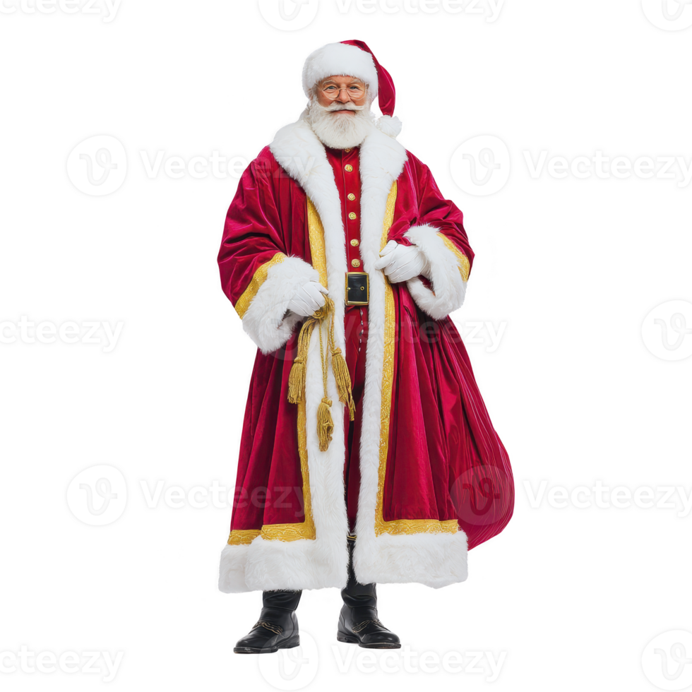 Jolly Santa Claus in traditional red and white suit stands with cheerful expression, holding sack. His outfit features gold accents and black belt, embodying festive spirit png