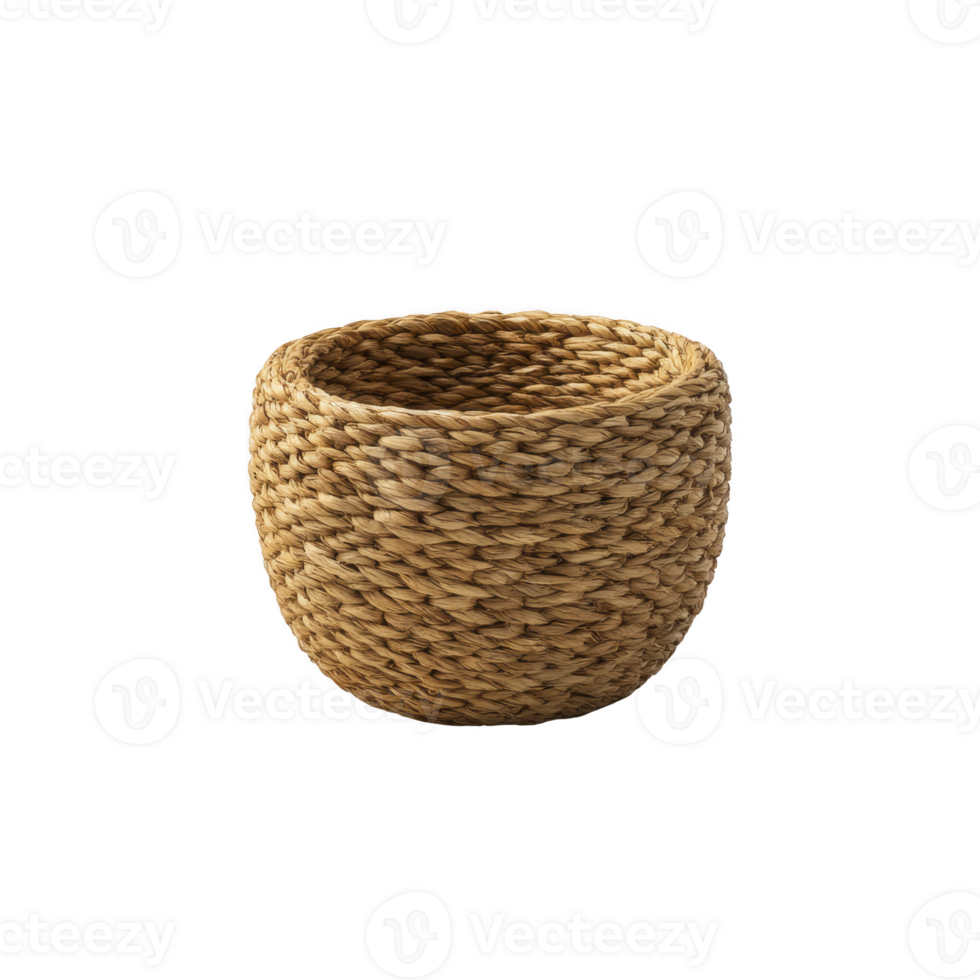 Woven wicker basket with natural texture and round shape, perfect for home decor or storage. basket earthy tones add warmth and rustic charm to any space png