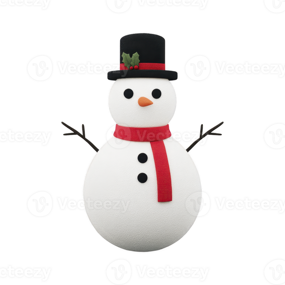 Cheerful snowman with black top hat, red scarf, and twig arms stands against transparency background, evoking festive winter atmosphere png