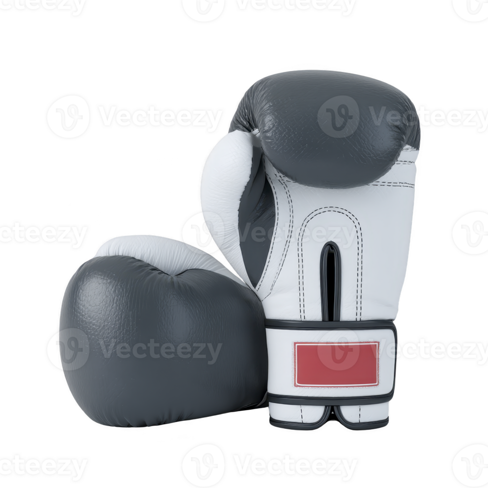 Pair of black and white boxing gloves with red label, showcasing sleek and professional design. gloves are positioned with one upright and other lying down, highlighting their texture png